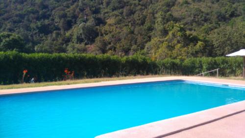 a blue swimming pool with a mountain in the background at Refugios Olmue Santa Teresa in El Maqui