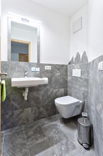 a bathroom with a sink and a toilet and a mirror at Frühaufhof in Barbiano