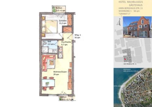a floor plan and elevation of a house at MeerBlickD21 Residenzen in Norderney