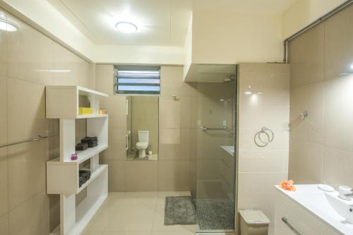 a bathroom with a shower and a toilet and a sink at Mai'i Villa Apartment - 1 in Titikaweka
