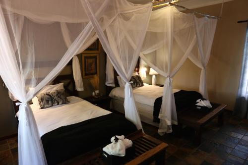 a bedroom with two beds with mosquito nets at Auob Country Lodge in Gochas