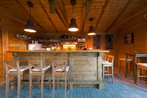a bar in a restaurant with chairs and lights at Hotel SLUNEČNÁ LOUKA in Lipno nad Vltavou