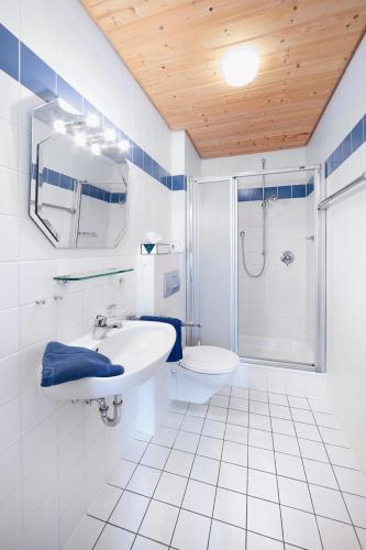 a white bathroom with a sink and a toilet at Zur Glashütte Landpension in Fabrikschleichach