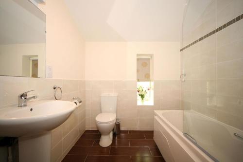 uma casa de banho com um lavatório, um WC e uma banheira em Ballyhoura Mountain Lodges em Ballyorgan