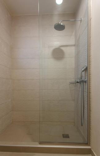 a shower with a glass door in a bathroom at Aeolos Resort in Mýkonos City