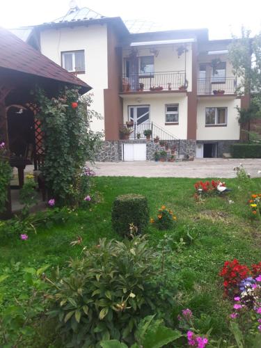 a garden in front of a house with flowers at Pensiunea Diana in Arefu