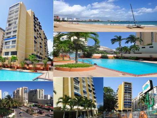 a collage of photos of buildings and a pool at Non Stop party Apartment Condo in San Juan