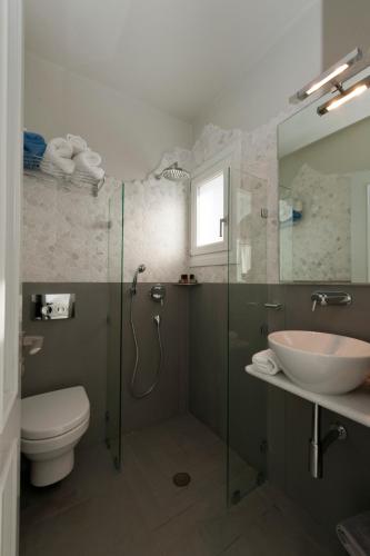 a bathroom with a shower and a toilet and a sink at Ammos Naxos Exclusive Apartments & Studios in Naxos Chora