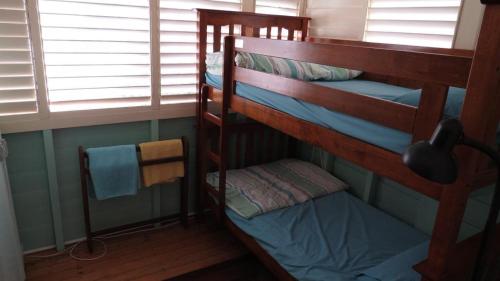 two bunk beds in a room with a window at The Blue House Yungaburra in Yungaburra