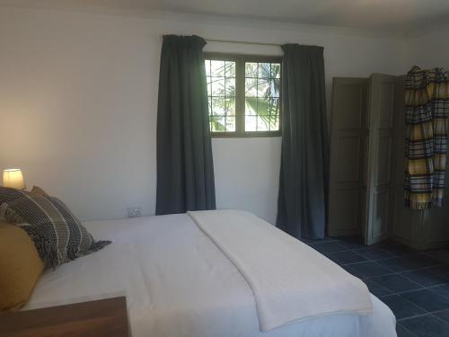 Schlafzimmer mit einem großen weißen Bett und einem Fenster in der Unterkunft Tangled Tree Cottage in Roodepoort