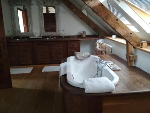 a bathroom with a sink and a bath tub at Kericouette et Délices in Le Vieux-Bourg
