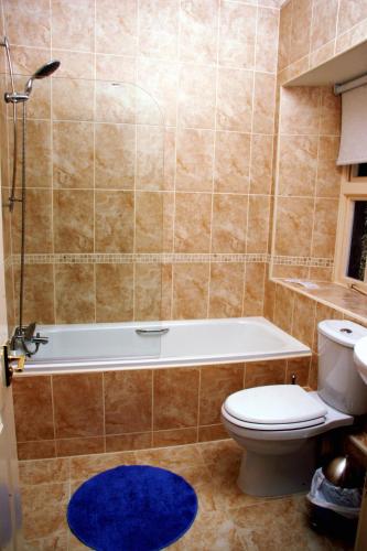 a bathroom with a toilet and a bath tub at Woodlands Hotel & Pine Lodges in Grange Over Sands