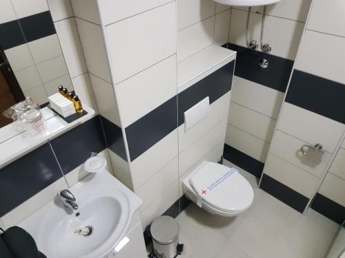 a small bathroom with a toilet and a sink at Apartmani Lux Novalić in Konjic
