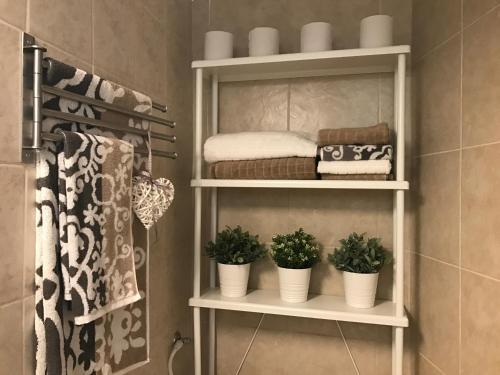 a white shelf with three potted plants in a bathroom at Cozy modern apartment near the sea in city center in Netanya