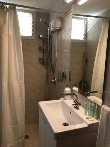 a bathroom with a sink and a shower at Cozy modern apartment near the sea in city center in Netanya