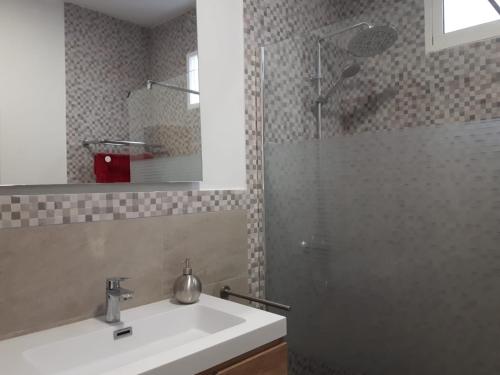 a bathroom with a sink and a shower at Vivienda Vacacional La Aldea de San Nicolas in La Aldea de San Nicolas