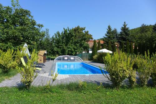 una piscina en un patio con un patio en Villa Astoria en Balatongyörök