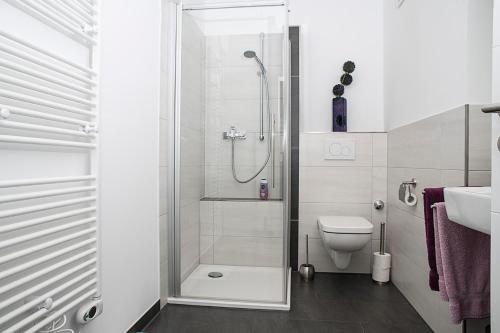 ein weißes Badezimmer mit Dusche und Toilette in der Unterkunft Ferienwohnung am Freizeitpark Bärenloch in Solingen