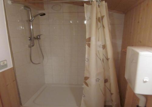 シャルニッツにあるWaldhüttaleのバスルーム(シャワー、シャワーカーテン付)が備わります。