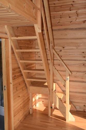 a wooden staircase in a room with wooden ceilings at Holandiesi Holiday House in Ķesterciems