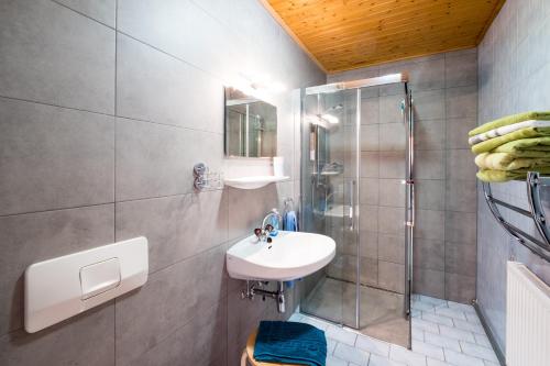 a bathroom with a sink and a shower at Gailtal Panorama in Kötschach