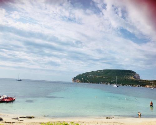 a beach with a small island in the water at Villa Margherita in Alghero