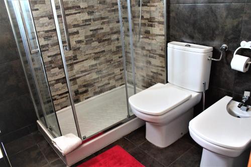 a bathroom with a shower and a toilet and a sink at Brito's House in Alcabideche