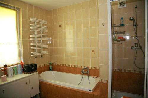 a bathroom with a bath tub and a shower at U Heleny i Piotra pokoje goscinne in Białowieża
