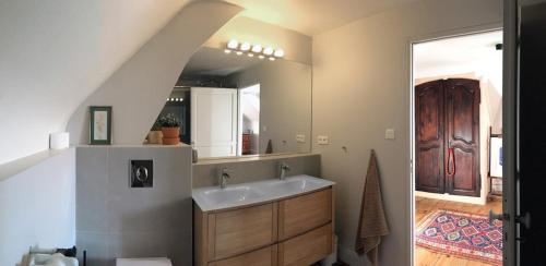 uma casa de banho com um lavatório e um espelho grande em Le Chalet des Pyrénées em Arcizans-Avant