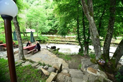 two people sitting at a picnic table next to a river at Hotel Valdis in Pastra