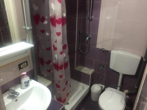 ローマにあるB&P Holiday H.のバスルーム(トイレ、ハート付きシャワーカーテン付)