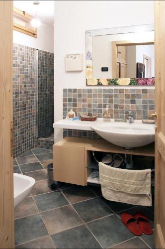 a bathroom with a sink and a mirror at Maso Gretel in Tesero
