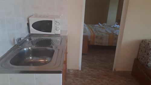 un forno a microonde posto sopra una lavatrice in una stanza di Hotel Palace a Kranevo