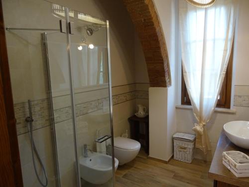 a bathroom with a shower and a toilet and a sink at appartamento Podere i Renai in Santa Maria a Monte