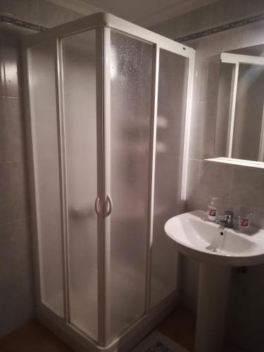 a bathroom with a shower and a sink at Brisamarina de Órzola in Órzola