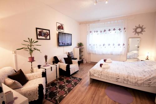 a living room with a bed and a couch at Cute Apartment For You in Zagreb