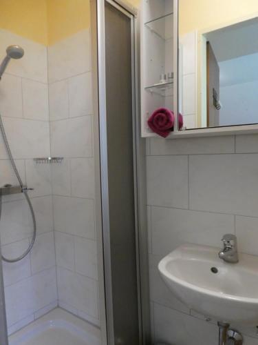 a bathroom with a shower and a sink at Haus Daheim in St. Wolfgang