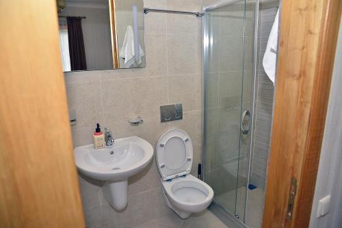 a bathroom with a toilet and a sink and a shower at Center Villa Kutaisi in Kutaisi