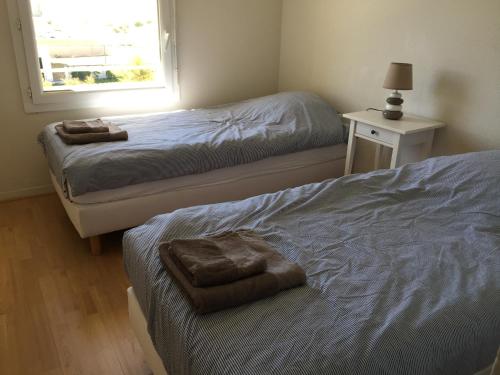ビスカロッス・プラージュにあるResidence Oceanisのベッドルーム1室(ベッド2台、窓付)