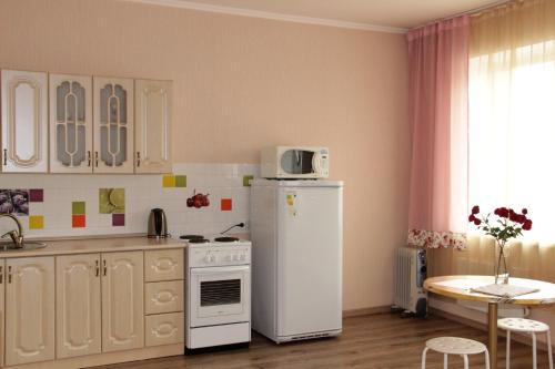 W kuchni znajduje się biała lodówka i kuchenka mikrofalowa. w obiekcie Квартира w mieście Abakan