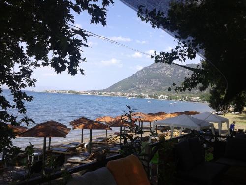 a view of a beach with umbrellas and the water at Mare e Monti1 in Kamena Vourla