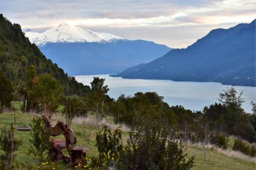 a statue of a horse in a field with a mountain at Las Bandurrias Eco Hostal in Cochamó