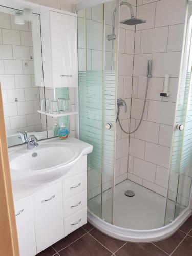 W łazience znajduje się umywalka i prysznic. w obiekcie Hotel Ackermann w mieście Riedstadt