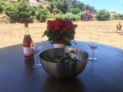 a bowl of salad and a bottle of wine and glasses at Quinta da Villa in Cascais