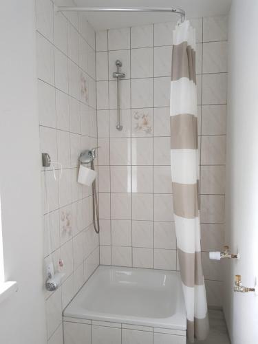 a bathroom with a shower with a white and brown shower curtain at Haus am Sachsenring in Hohenstein-Ernstthal