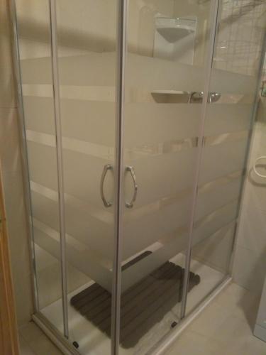 a shower with glass doors in a bathroom at Acogedor Apartamento in La Lastrilla