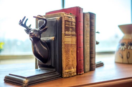 Eine Statue eines Hirschkopfes, der auf Büchern sitzt in der Unterkunft Kennedy Art in Santiago