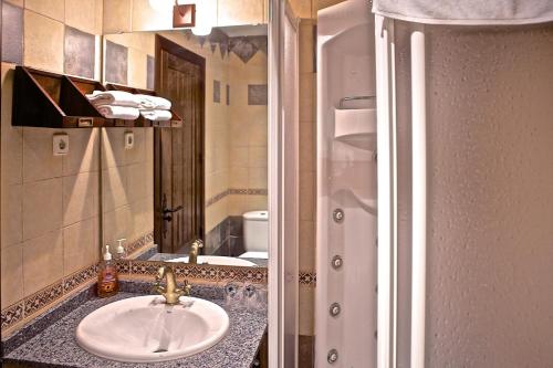 ein Bad mit einem Waschbecken und einem Spiegel in der Unterkunft La Galamperna in Nava del Barco