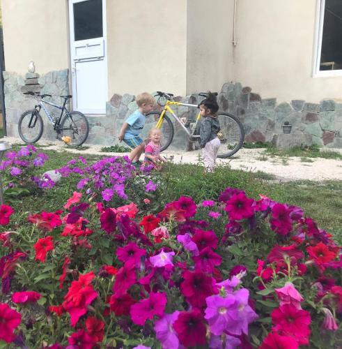 two children playing in a garden with flowers at Garden Hotel Pasanauri since 1892 in Passanauri
