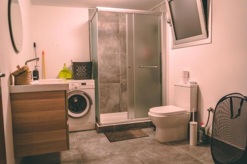 y baño con ducha, aseo y lavadora. en Cozy Flat City Center, en Nicosia